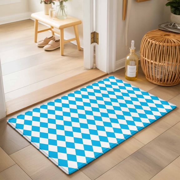 Entryway Rug 2'x3', Sky Blue Plaid Kitchen Runner Rugs Non-Slip Carpet Mats, Modern Minimalist Gingham Checkered Bedside Rugs Runners Washable Floor Carpet for Bathroom Laundry Room