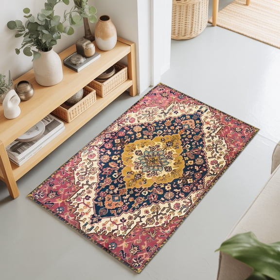 Entryway Rug 2'x3', Southwest Aztec Kitchen Runner Rugs Non-Slip Carpet Mats, Boho Tribe Traditional Floral Patterned Bedside Rugs Runners Washable Floor Carpet for Bathroom Laundry Room
