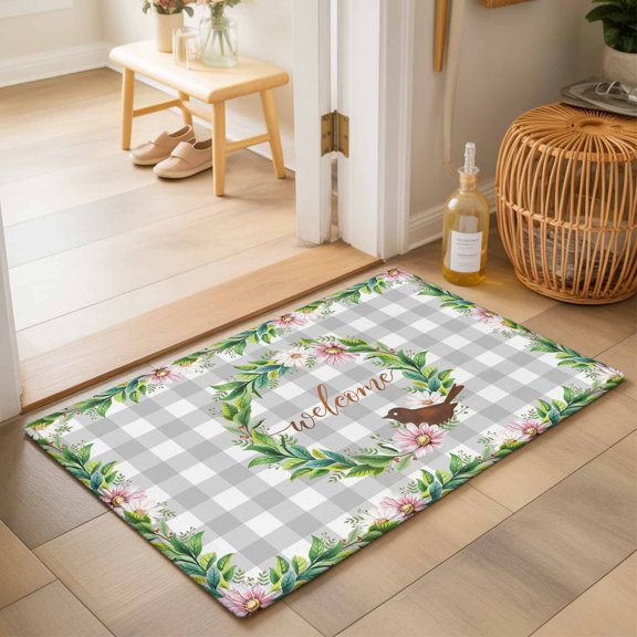 Entryway Rug 2'x3', Spring Botanical Kitchen Runner Rugs Non-Slip Carpet Mats, Garden Birds Floral Leaves Gray Plaid Bedside Rugs Runners Washable Floor Carpet for Bathroom Laundry Room