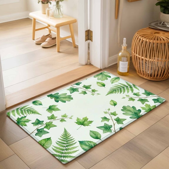 Entryway Rug 2'x3', Spring Botanical Kitchen Runner Rugs Non-Slip Carpet Mats, Green Ivy Ferns Oak Leaves Light Blue Bedside Rugs Runners Washable Floor Carpet for Bathroom Laundry Room