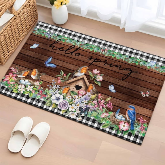 Entryway Rug 2'x3', Spring Botanical Small Rug for Kitchen Bathroom Door Mat Indoor Entrance, Farmhouse Black Plaid Brown Wooden Grain Non-Slip Area Rugs Floor Mats Carpet Front Door Rugs