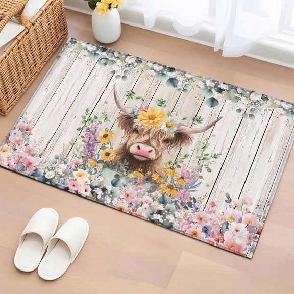 Entryway Rug 2'x3', Spring Cow Floral Small Rug for Kitchen Bathroom Door Mat Indoor Entrance, Green Eucalyptus Leaves Grey Wooden Non-Slip Area Rugs Floor Mats Carpet Front Door Rugs