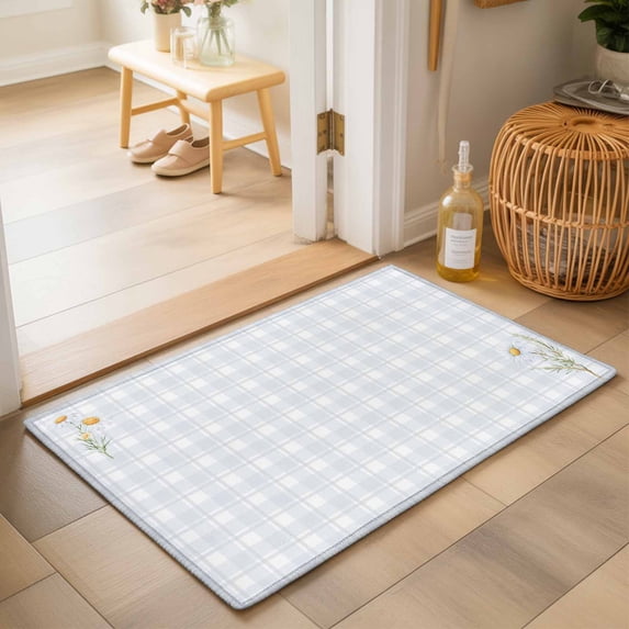 Entryway Rug 2'x3', Spring Daisy Floral Kitchen Runner Rugs Non-Slip Carpet Mats, Yellow Plaid Summer Botanical Bedside Rugs Runners Washable Floor Carpet for Bathroom Laundry Room