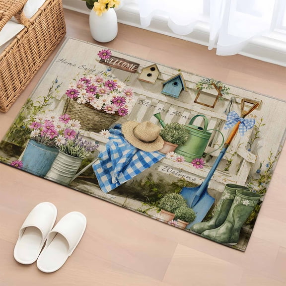 Entryway Rug 2'x3', Spring Daisy Small Rug for Kitchen Bathroom Door Mat Indoor Entrance, Flowers Farmhouse Leaves Floral Pots Country Retro Non-Slip Area Rugs Floor Mats Carpet Front Door Rugs