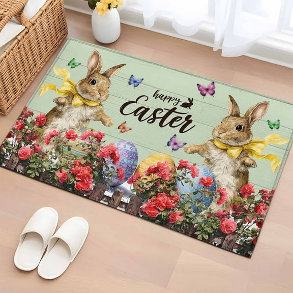 Entryway Rug 2'x3', Spring Easter Bunny Small Rug for Kitchen Bathroom Door Mat Indoor Entrance, Green Wooden Red Floral Easter Eggs Non-Slip Area Rugs Floor Mats Carpet Front Door Rugs