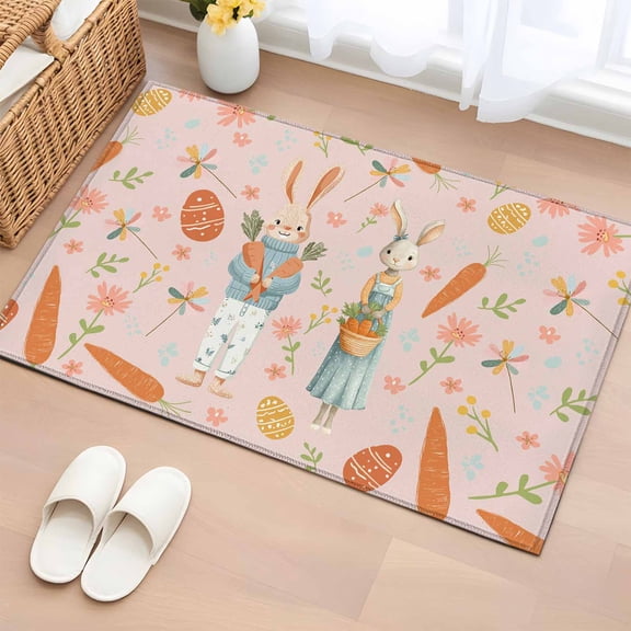 Entryway Rug 2'x3', Spring Easter Small Rug for Kitchen Bathroom Door Mat Indoor Entrance, Bunny Carrots Eggs Floral Botanical Pink Non-Slip Area Rugs Floor Mats Carpet Front Door Rugs