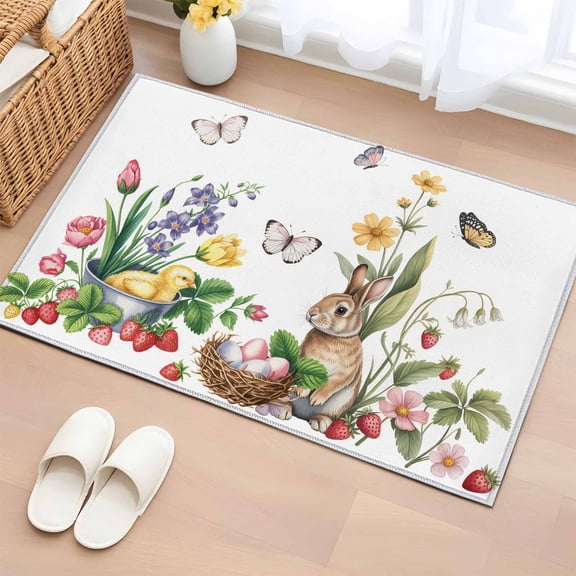 Entryway Rug 2'x3', Spring Easter Small Rug for Kitchen Bathroom Door Mat Indoor Entrance, Country Bunny Chick Floral Butterflies Watercolor Non-Slip Area Rugs Floor Mats Carpet Front Door Rugs