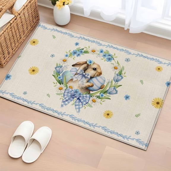 Entryway Rug 2'x3', Spring Easter Small Rug for Kitchen Bathroom Door Mat Indoor Entrance, Cute Rabbits Eggs Bow Daisy Tulips Plants Beige Non-Slip Area Rugs Floor Mats Carpet Front Door Rugs