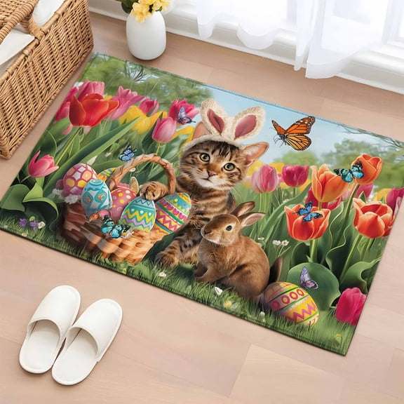 Entryway Rug 2'x3', Spring Easter Small Rug for Kitchen Bathroom Door Mat Indoor Entrance, Easter Eggs Cats Bunny Tulips Farmhouse Non-Slip Area Rugs Floor Mats Carpet Front Door Rugs