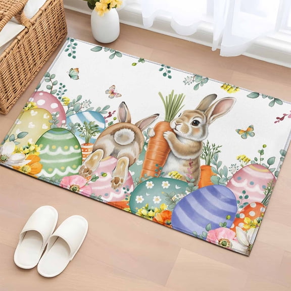 Entryway Rug 2'x3', Spring Easter Small Rug for Kitchen Bathroom Door Mat Indoor Entrance, Rabbits Eggs Botanical Floral Leaf Butterfly Non-Slip Area Rugs Floor Mats Carpet Front Door Rugs