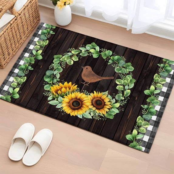 Entryway Rug 2'x3', Spring Eucalyptus Sunflower Small Rug for Kitchen Bathroom Door Mat Indoor Entrance, Farmhouse Birds Brown Wood Non-Slip Area Rugs Floor Mats Carpet Front Door Rugs