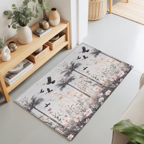 Entryway Rug 2'x3', Spring Floral Kitchen Runner Rugs Non-Slip Carpet Mats, Watercolor Birds Palm Tree Botanical Bedside Rugs Runners Washable Floor Carpet for Bathroom Laundry Room
