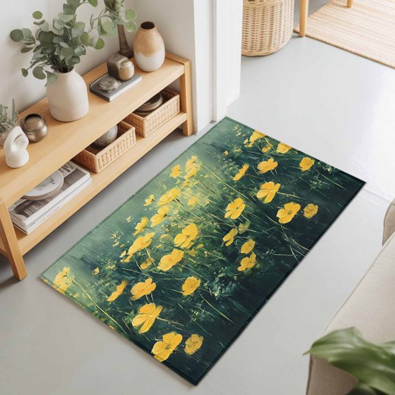 Entryway Rug 2'x3', Spring Floral Kitchen Runner Rugs Non-Slip Carpet Mats, Yellow Green Botanical Modern Oil Painting Bedside Rugs Runners Washable Floor Carpet for Bathroom Laundry Room