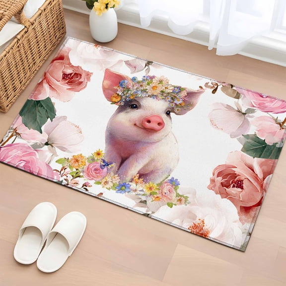 Entryway Rug 2'x3', Spring Floral Pig Small Rug for Kitchen Bathroom Door Mat Indoor Entrance, Elegant Pink Botanical Non-Slip Area Rugs Floor Mats Carpet Front Door Rugs