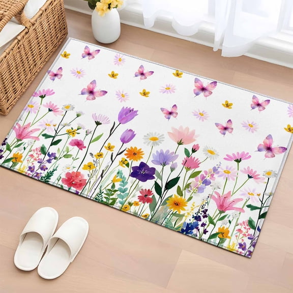 Entryway Rug 2'x3', Spring Floral Small Rug for Kitchen Bathroom Door Mat Indoor Entrance, Butterflies Botanical Farmhouse Non-Slip Area Rugs Floor Mats Carpet Front Door Rugs