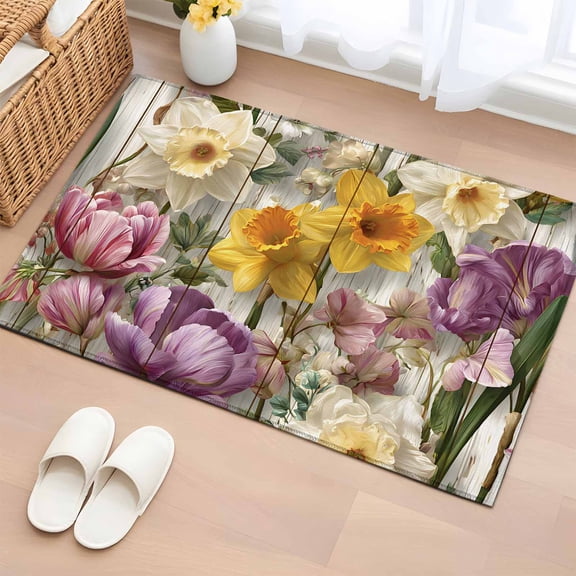 Entryway Rug 2'x3', Spring Floral Small Rug for Kitchen Bathroom Door Mat Indoor Entrance, Farmhouse Flowers Watercolor Botanical Elegant Non-Slip Area Rugs Floor Mats Carpet Front Door Rugs