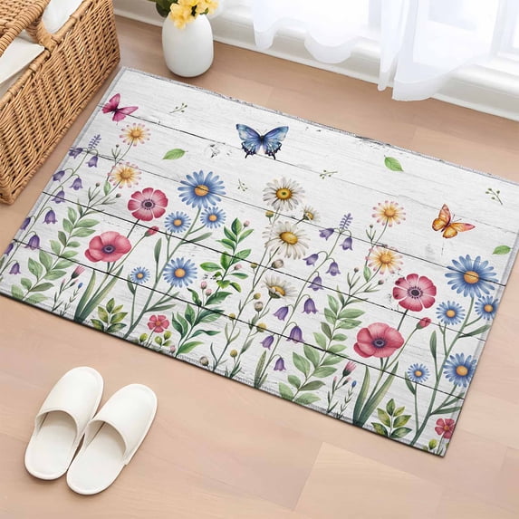 Entryway Rug 2'x3', Spring Floral Small Rug for Kitchen Bathroom Door Mat Indoor Entrance, Pink Blue Flowers Butterfly Wooden Non-Slip Area Rugs Floor Mats Carpet Front Door Rugs