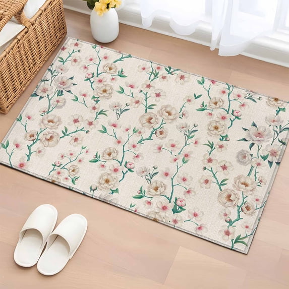 Entryway Rug 2'x3', Spring Floral Small Rug for Kitchen Bathroom Door Mat Indoor Entrance, Watercolor Flowers Leaves Tree Branches Beige Non-Slip Area Rugs Floor Mats Carpet Front Door Rugs