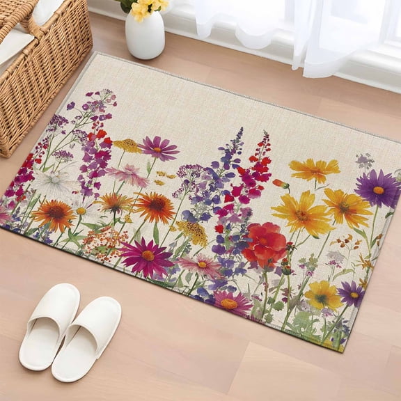 Entryway Rug 2'x3', Spring Floral Small Rug for Kitchen Bathroom Door Mat Indoor Entrance, Watercolor Lavender Daisy Flowers Plants Beige Non-Slip Area Rugs Floor Mats Carpet Front Door Rugs