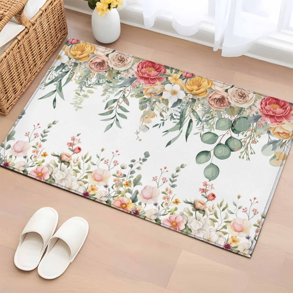 Entryway Rug 2'x3', Spring Floral Small Rug for Kitchen Bathroom Door Mat Indoor Entrance, Watercolor Roses Eucalyptus Leaves Botanical Non-Slip Area Rugs Floor Mats Carpet Front Door Rugs