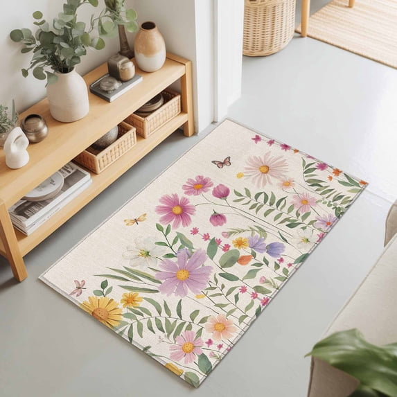 Entryway Rug 2'x3', Spring Flowers Kitchen Runner Rugs Non-Slip Carpet Mats, Farmhouse Retro Botanical Floral Butterfly Bedside Rugs Runners Washable Floor Carpet for Bathroom Laundry Room
