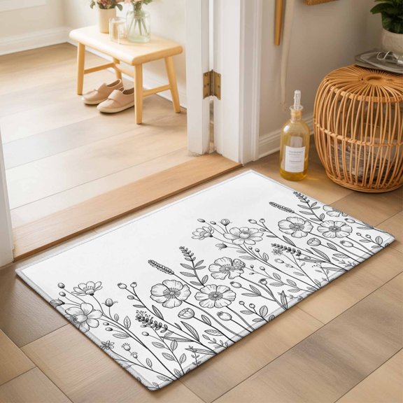Entryway Rug 2'x3', Spring Flowers Kitchen Runner Rugs Non-Slip Carpet Mats, Modern Simple Botanical Wildflowers Herbs Bedside Rugs Runners Washable Floor Carpet for Bathroom Laundry Room