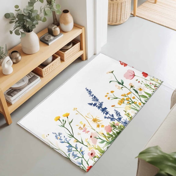 Entryway Rug 2'x3', Spring Flowers Kitchen Runner Rugs Non-Slip Carpet Mats, Simple Botanical Wildflowers Herbs Bedside Rugs Runners Washable Floor Carpet for Bathroom Laundry Room