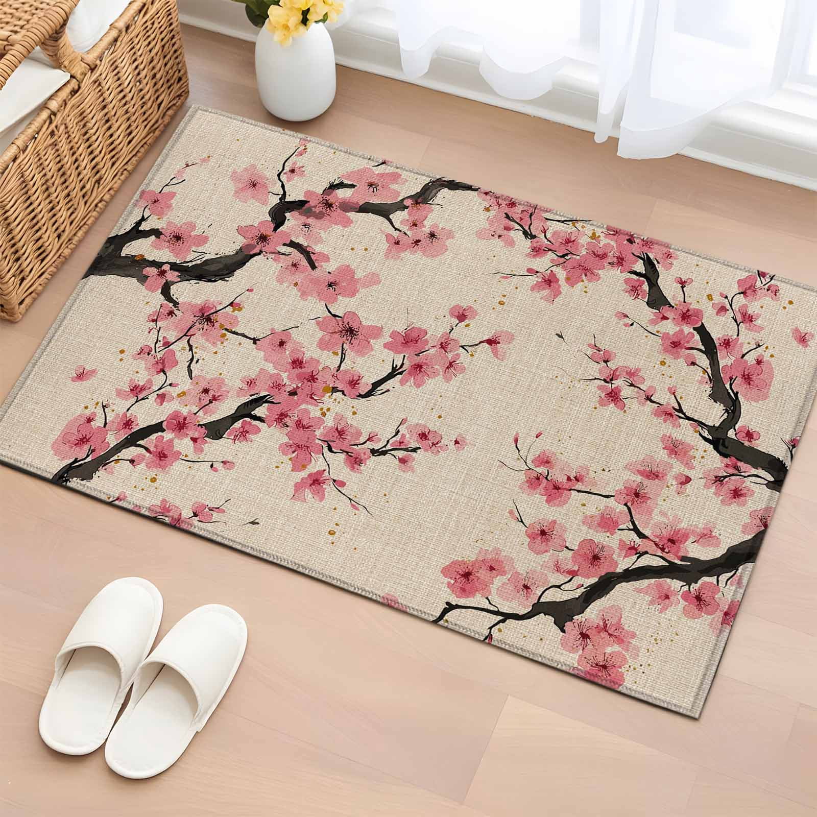 Entryway Rug 2'x3', Spring Flowers Small Rug for Kitchen Bathroom Door Mat Indoor Entrance, Country Pink Peach Blossoms Botanical Floral Non-Slip Area Rugs Floor Mats Carpet Front Door Rugs