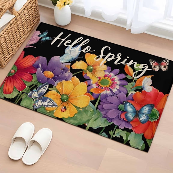 Entryway Rug 2'x3', Spring Flowers Small Rug for Kitchen Bathroom Door Mat Indoor Entrance, Watercolor Country Colorful Floral Black Non-Slip Area Rugs Floor Mats Carpet Front Door Rugs