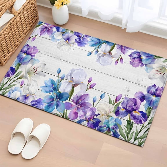 Entryway Rug 2'x3', Spring Flowers Small Rug for Kitchen Bathroom Door Mat Indoor Entrance, Watercolor Garden Florals Wooden Grain Non-Slip Area Rugs Floor Mats Carpet Front Door Rugs