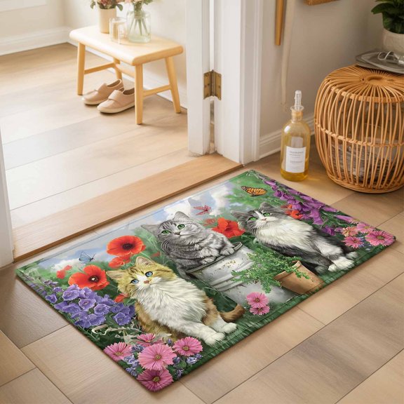 Entryway Rug 2'x3', Spring Garden Cats Kitchen Runner Rugs Non-Slip Carpet Mats, Farmhouse Animals Floral Botanical Bedside Rugs Runners Washable Floor Carpet for Bathroom Laundry Room