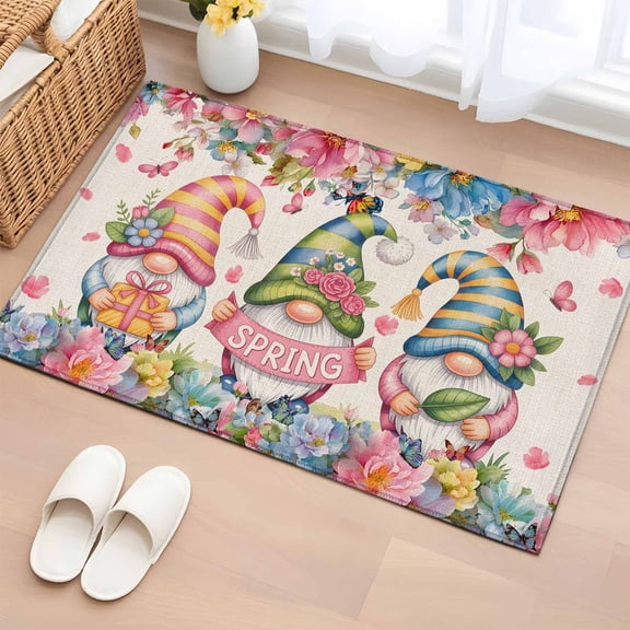 Entryway Rug 2'x3', Spring Gnomes Small Rug for Kitchen Bathroom Door Mat Indoor Entrance, Farmhhouse Floral Botanical Rustic Non-Slip Area Rugs Floor Mats Carpet Front Door Rugs