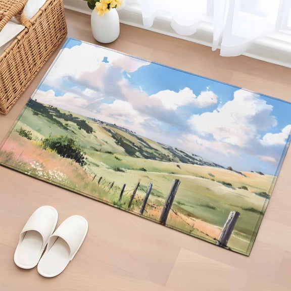 Entryway Rug 2'x3', Spring Grassland Small Rug for Kitchen Bathroom Door Mat Indoor Entrance, Nature Blue Sky Mountain Scenery Non-Slip Area Rugs Floor Mats Carpet Front Door Rugs