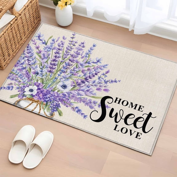 Entryway Rug 2'x3', Spring Lavender Small Rug for Kitchen Bathroom Door Mat Indoor Entrance, Country Pastoral Botanical Purple Flowers Non-Slip Area Rugs Floor Mats Carpet Front Door Rugs