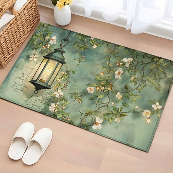Entryway Rug 2'x3', Spring Leaves Small Rug for Kitchen Bathroom Door Mat Indoor Entrance, Oil Light White Flowers Country Vintage Green Non-Slip Area Rugs Floor Mats Carpet Front Door Rugs