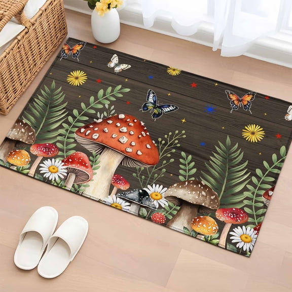 Entryway Rug 2'x3', Spring Mushrooms Small Rug for Kitchen Bathroom Door Mat Indoor Entrance, Farmhouse Pastoral Botanical Brown Wood Non-Slip Area Rugs Floor Mats Carpet Front Door Rugs