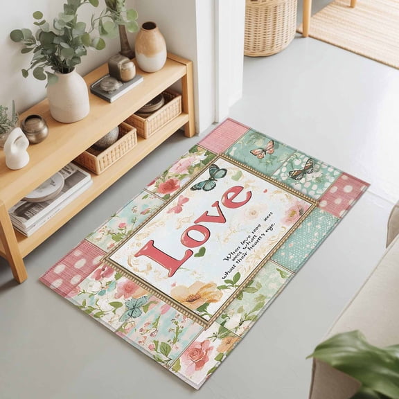 Entryway Rug 2'x3', Spring Pink Green Check Kitchen Runner Rugs Non-Slip Carpet Mats, Vintage Floral Checkered Love Bedside Rugs Runners Washable Floor Carpet for Bathroom Laundry Room
