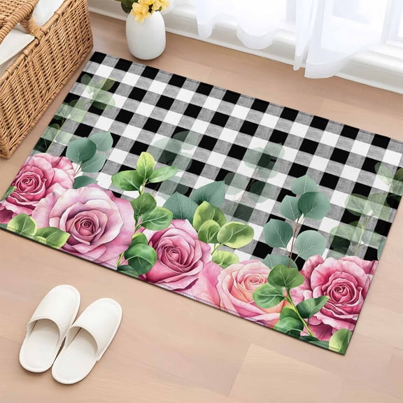 Entryway Rug 2'x3', Spring Pink Roses Small Rug for Kitchen Bathroom Door Mat Indoor Entrance, Pastoral Eucalyptus Black White Plaid Non-Slip Area Rugs Floor Mats Carpet Front Door Rugs