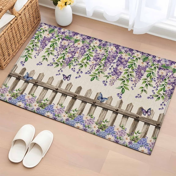 Entryway Rug 2'x3', Spring Purple Flowers Small Rug for Kitchen Bathroom Door Mat Indoor Entrance, Farmhouse Leaves Fences Burlap Non-Slip Area Rugs Floor Mats Carpet Front Door Rugs