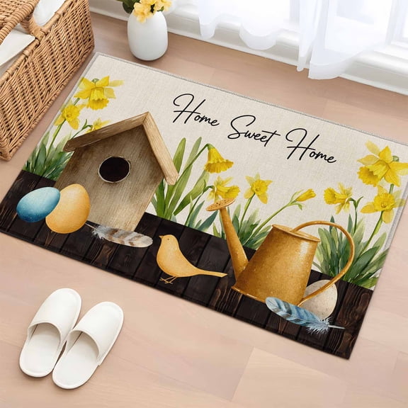 Entryway Rug 2'x3', Spring Small Rug for Kitchen Bathroom Door Mat Indoor Entrance, Farmhouse Birds Cages Eggs Botanical Flowers Non-Slip Area Rugs Floor Mats Carpet Front Door Rugs