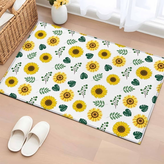 Entryway Rug 2'x3', Spring Sunflowers Small Rug for Kitchen Bathroom Door Mat Indoor Entrance, Green Leaves Yellow Floral Rustic Botanical Non-Slip Area Rugs Floor Mats Carpet Front Door Rugs
