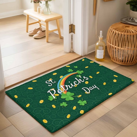 Entryway Rug 2'x3', St. Patrick's Day Kitchen Runner Rugs Non-Slip Carpet Mats, Green Shamrock Rainbow Gold Coin Simple Bedside Rugs Runners Washable Floor Carpet for Bathroom Laundry Room