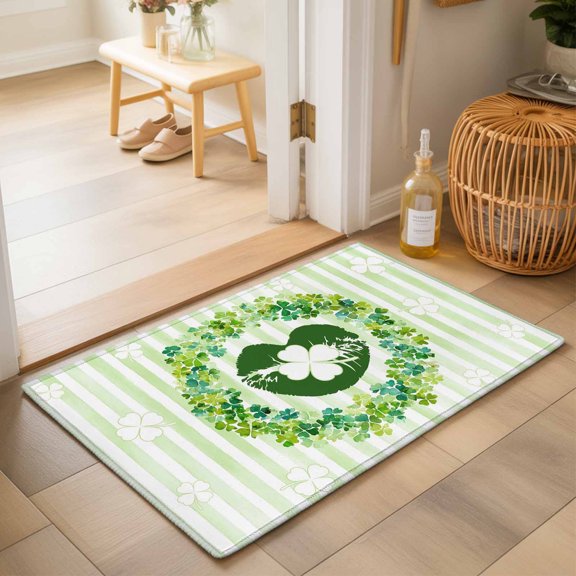 Entryway Rug 2'x3', St. Patrick's Day Kitchen Runner Rugs Non-Slip Carpet Mats, Lucky Shamrock Wreath Lips Green Stripes Bedside Rugs Runners Washable Floor Carpet for Bathroom Laundry Room
