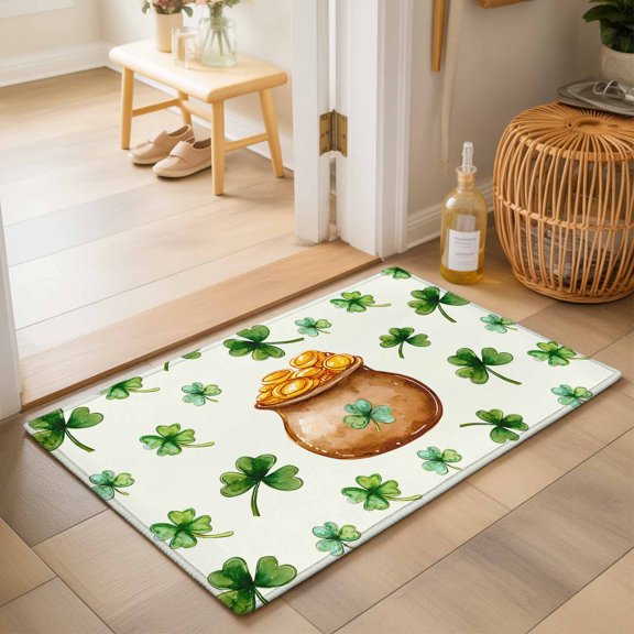 Entryway Rug 2'x3', St. Patrick's Day Kitchen Runner Rugs Non-Slip Carpet Mats, Spring Gold Coin Botanical Clovers Leaves Bedside Rugs Runners Washable Floor Carpet for Bathroom Laundry Room