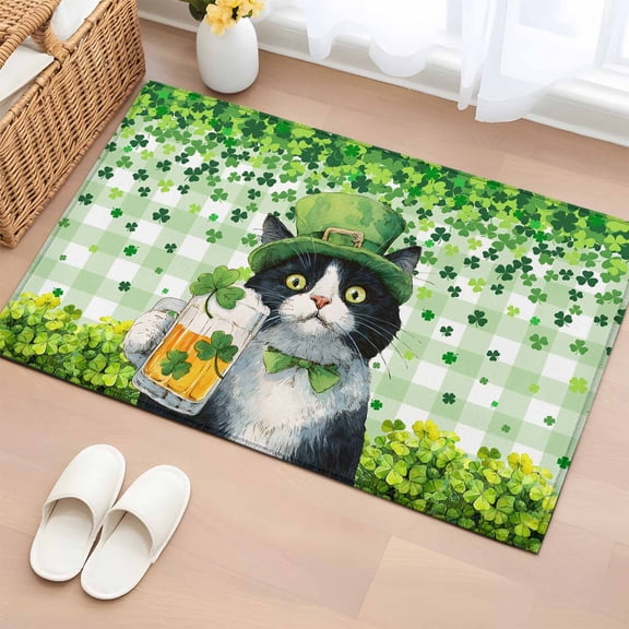 Entryway Rug 2'x3', St. Patrick's Day Small Rug for Kitchen Bathroom Door Mat Indoor Entrance, Cat Beer Green Clovers Buffalo Plaid Non-Slip Area Rugs Floor Mats Carpet Front Door Rugs
