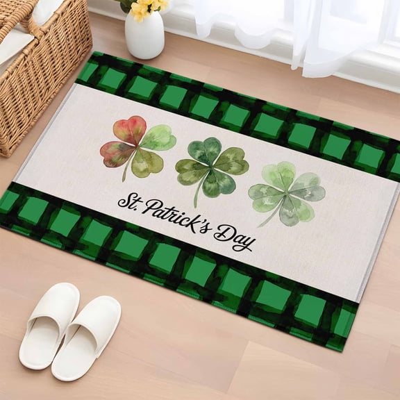 Entryway Rug 2'x3', St. Patrick's Day Small Rug for Kitchen Bathroom Door Mat Indoor Entrance, Country Spring Clovers Green Black Plaid Non-Slip Area Rugs Floor Mats Carpet Front Door Rugs
