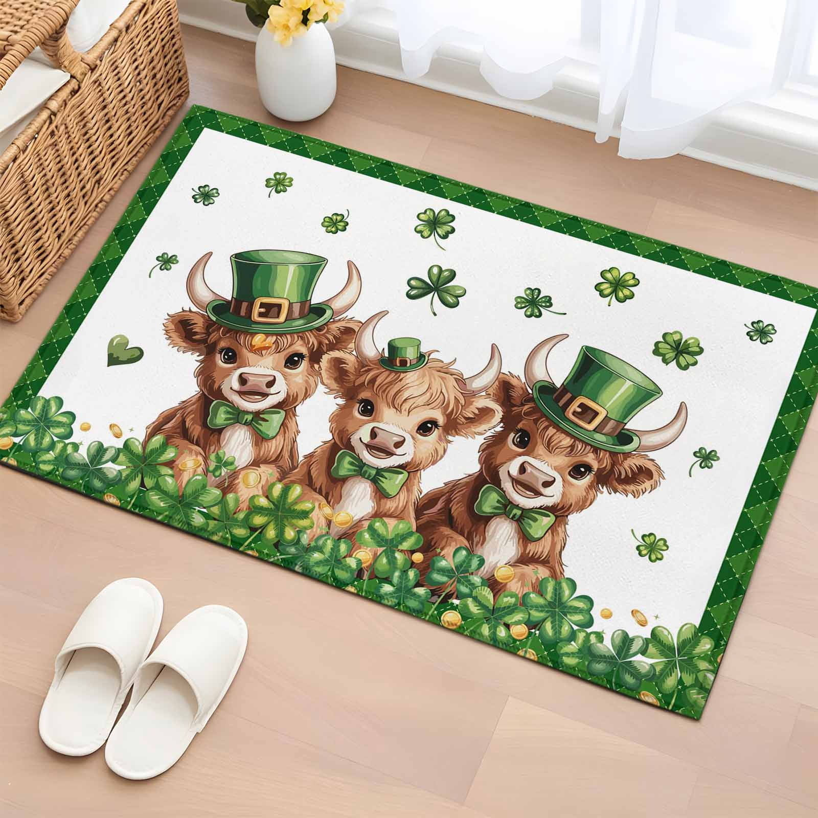 Entryway Rug 2'x3', St. Patrick's Day Small Rug for Kitchen Bathroom Door Mat Indoor Entrance, Cute Highland Cow Shamrock Gold Coin Green Non-Slip Area Rugs Floor Mats Carpet Front Door Rugs