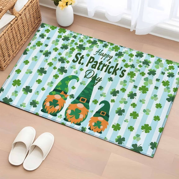 Entryway Rug 2'x3', St. Patrick's Day Small Rug for Kitchen Bathroom Door Mat Indoor Entrance, Gnomes Shamrock Clovers Blue Stripes Non-Slip Area Rugs Floor Mats Carpet Front Door Rugs
