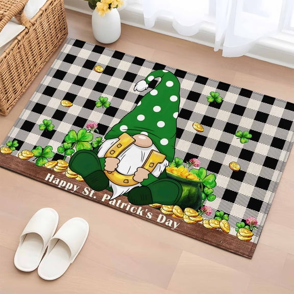 Entryway Rug 2'x3', St. Patrick's Day Small Rug for Kitchen Bathroom Door Mat Indoor Entrance, Gnomes Shamrocks Gold Coin Buffalo Plaid Non-Slip Area Rugs Floor Mats Carpet Front Door Rugs