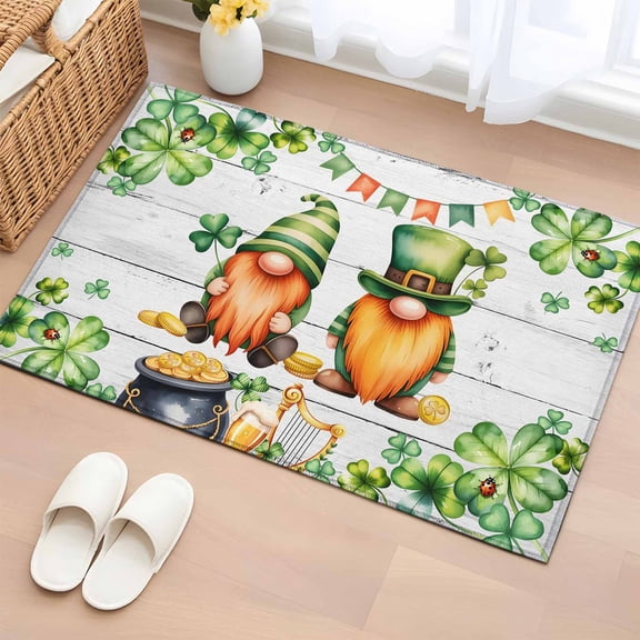 Entryway Rug 2'x3', St. Patrick's Day Small Rug for Kitchen Bathroom Door Mat Indoor Entrance, Green Gnomes Lucky Shamrocks Grey Farm Wooden Non-Slip Area Rugs Floor Mats Carpet Front Door Rugs